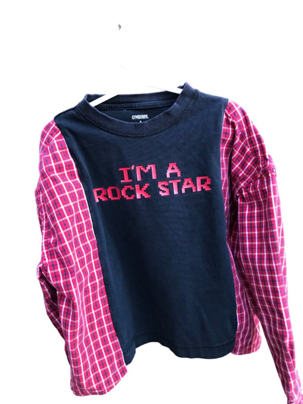 Upcycled Boy’s Plaid Tee, Rock Star Graphic T-Shirt w/Long Sleeves Size 6-10